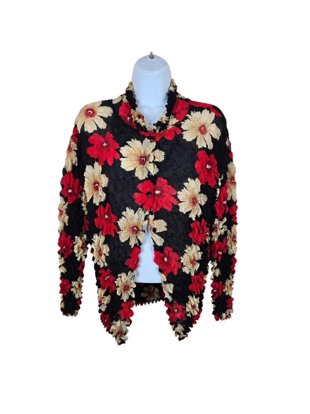 Vintage 90s Floral Ruffle Crinkle Shirt Blouse Large Black Red Stretch Long Slee